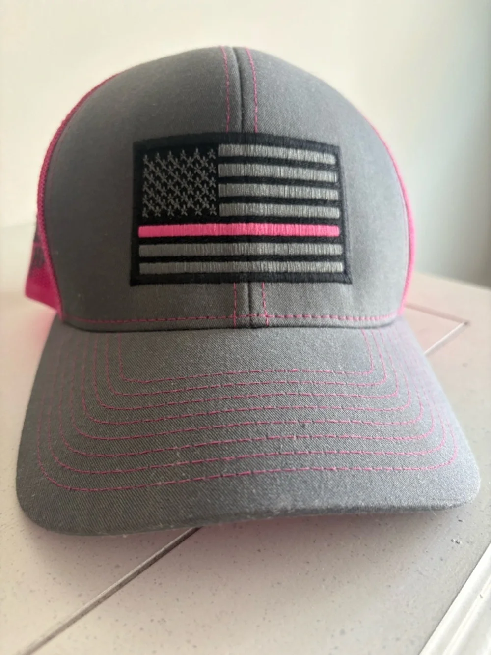 Pacific Headwear Gray Pink Trucker Hat American Flag Rough 106 Snapback Cap